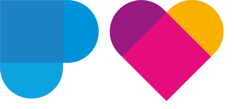 Logo Palmiviva con due cuori il primo sulla sinistra azzurro e il secondo sulla destra fucsia, viola e giallo